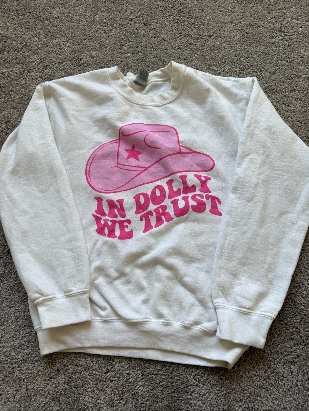 White Sweatshirt with Pink 'In Dolly We Trust' Graphic